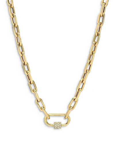 14K Yellow Gold Large Open Link Chain with Diamond Carabiner Necklace, 16"