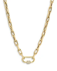 14K Yellow Gold Large Open Link Chain with Diamond Carabiner Necklace, 16"