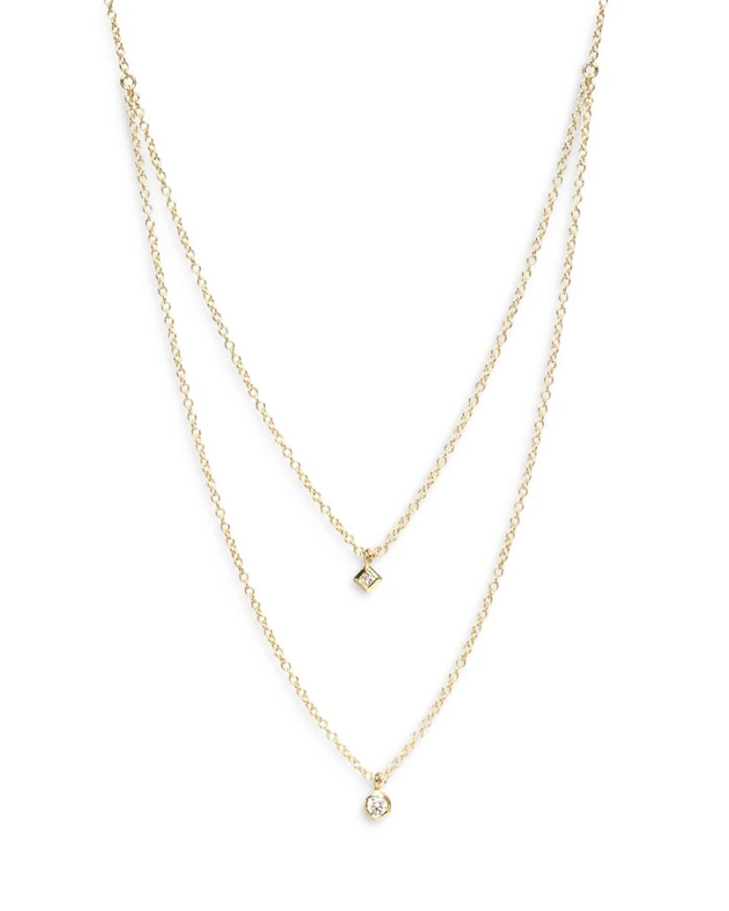 14K Yellow Gold Diamond Princess & Round Layered Pendant Necklace, 16-18"