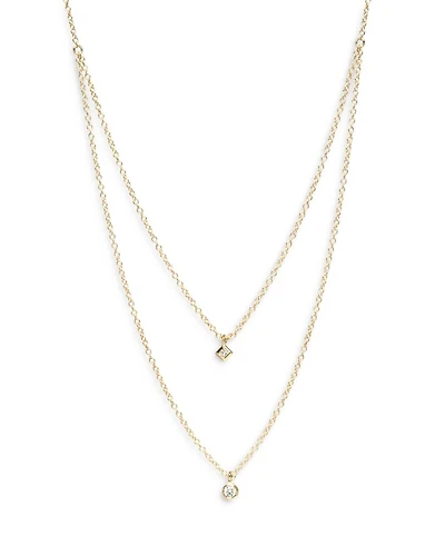 14K Yellow Gold Diamond Princess & Round Layered Pendant Necklace, 16-18"