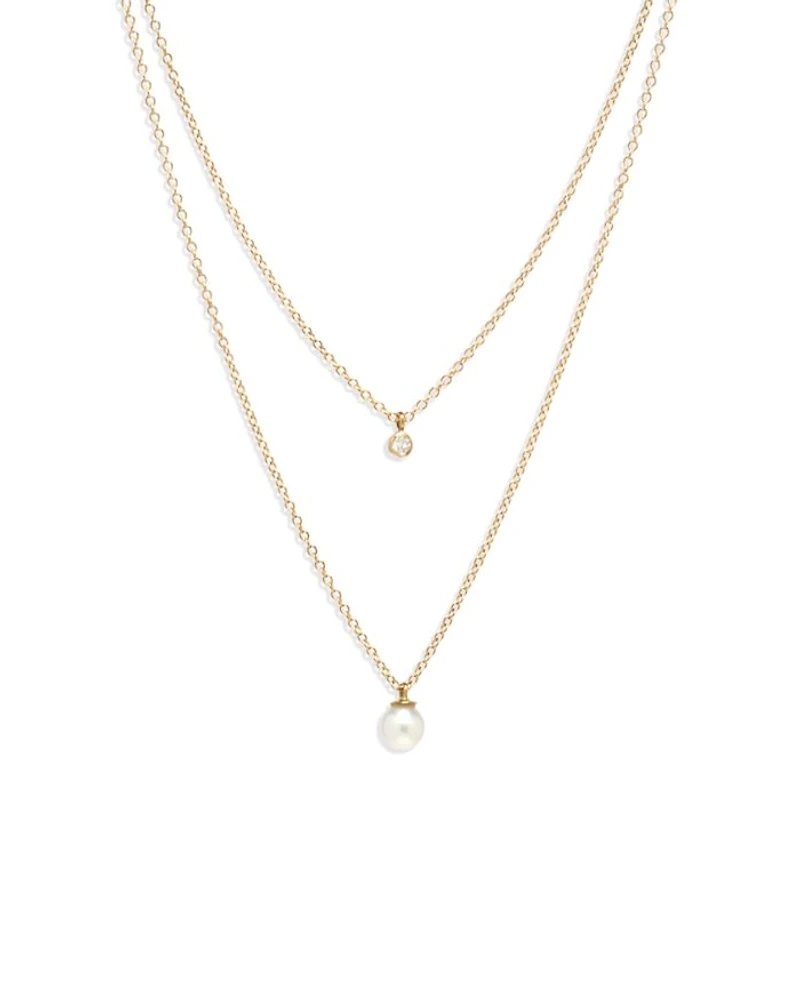 14K Yellow Gold Pearls Cultured Freshwater Pearl & Diamond Layered Pendant Necklace, 16-18"