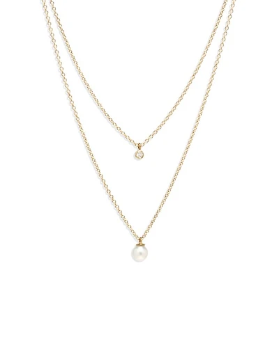14K Yellow Gold Pearls Cultured Freshwater Pearl & Diamond Layered Pendant Necklace, 16-18"