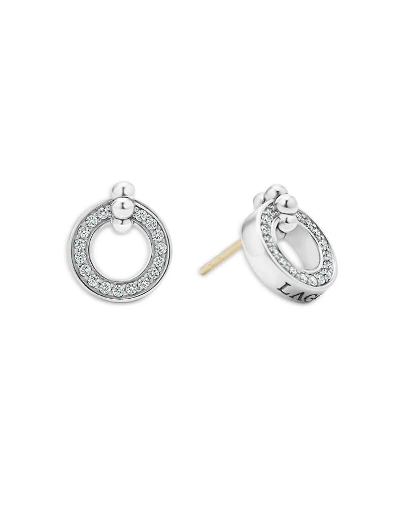 Sterling Silver Caviar Spark Diamond Circle Stud Earrings