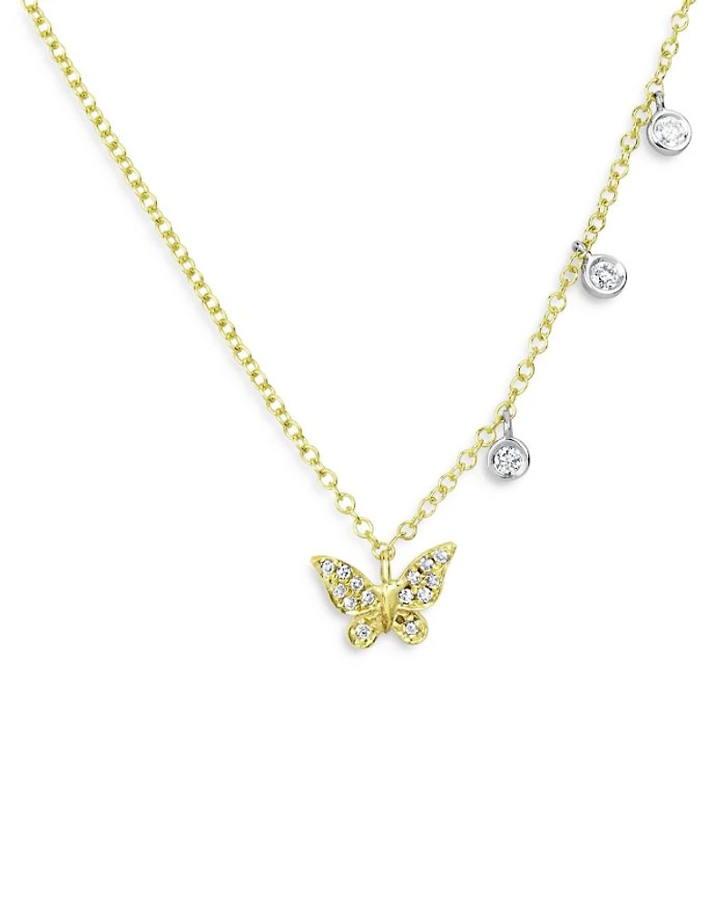 14K Yellow & White Gold Diamond Butterfly Necklace, 18"