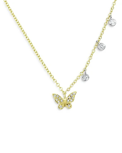 14K Yellow & White Gold Diamond Butterfly Necklace, 18"