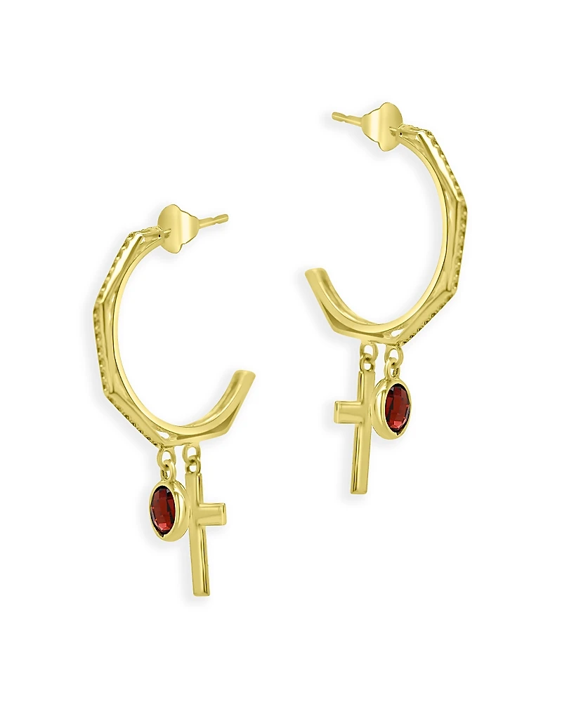 Bloomingdale's Fine Collection Garnet and Cross Half Hoop Earrings
