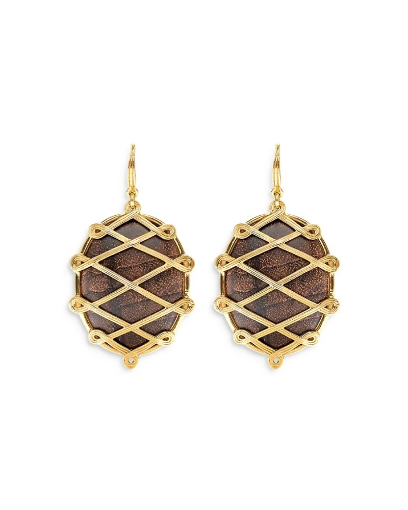 Elizabetta Caged Teak Oval Drop Earrings in 18K Gold Plate