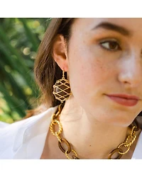 Elizabetta Caged Teak Oval Drop Earrings in 18K Gold Plate