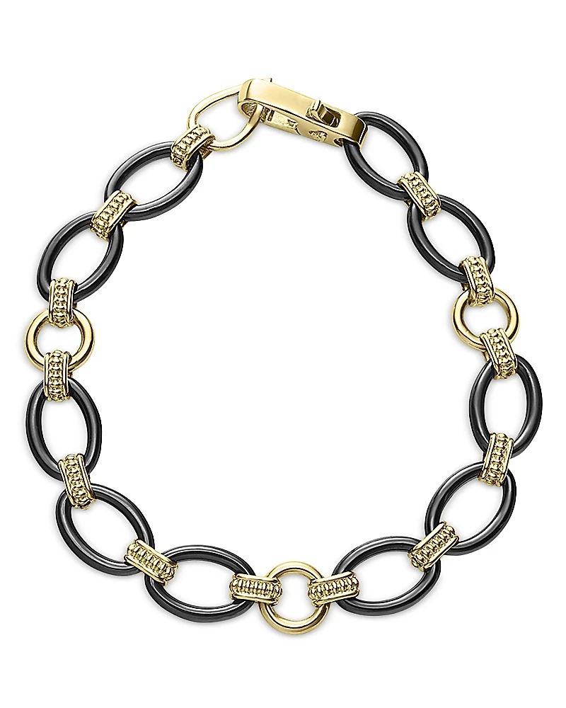 Lagos Meridian 18K Yellow Gold Black Caviar Black Ceramic Oval Link Bracelet - Exclusive