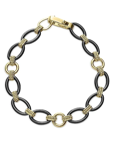 Lagos Meridian 18K Yellow Gold Black Caviar Black Ceramic Oval Link Bracelet - Exclusive