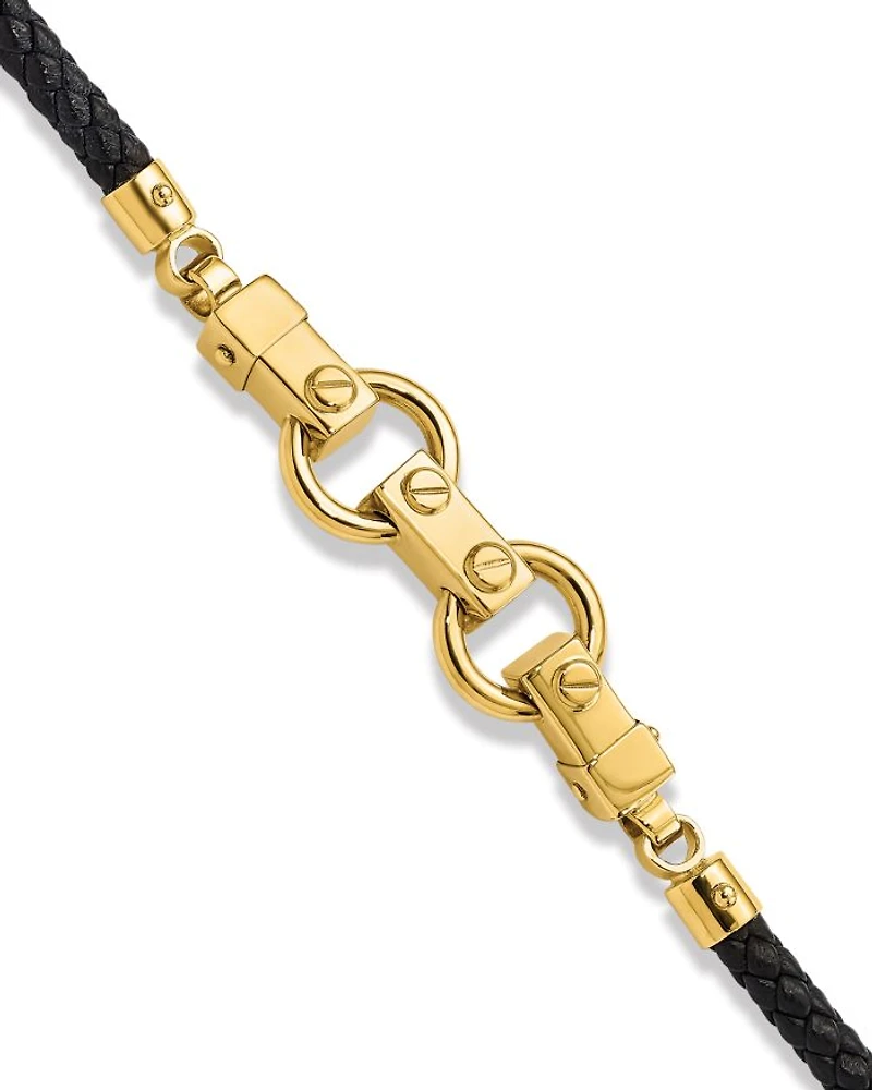 Men's Fancy Link Leather Bracelet in 14K Yellow Gold