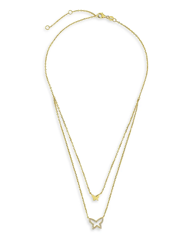 Sterling Forever Pave Butterfly Layered Pendant Necklace, 16-18