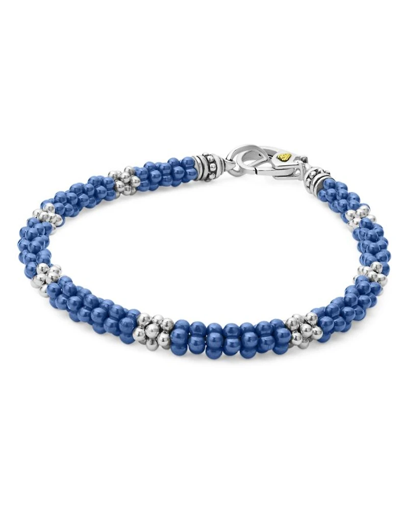 18K Yellow Gold & Sterling Silver Blue Ceramic Caviar Bead Statement Bracelet