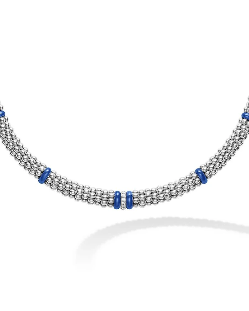 18K Yellow Gold & Sterling Silver Diamond & Blue Ceramic Rondelle & Bead Statement Necklace, 16"