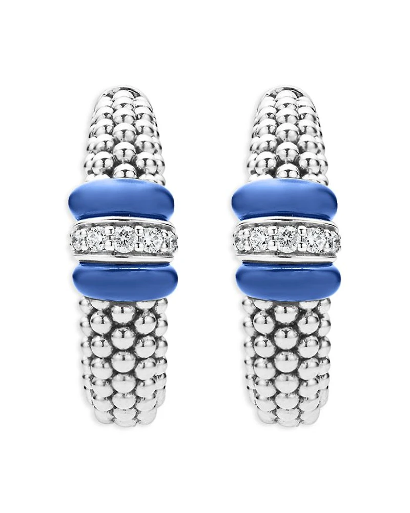 14K Yellow Gold & Sterling Silver Ultramarine Ceramic & Diamond Caviar Bead Hoop Earrings