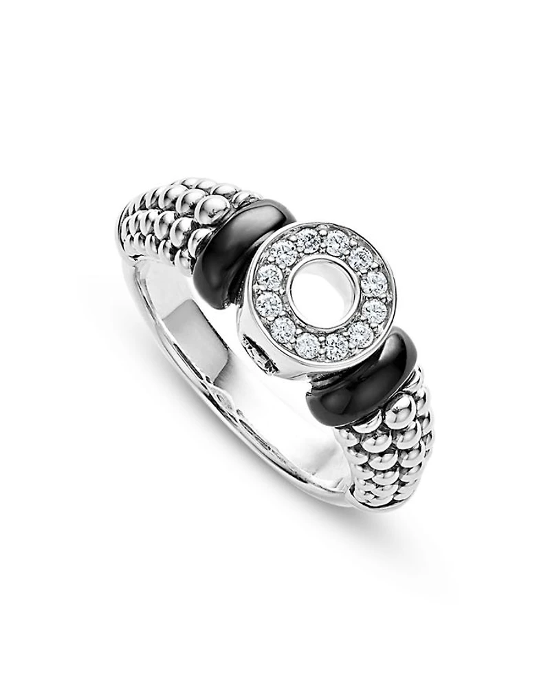 Sterling Silver Black Caviar Ceramic & Diamond Circle Bead Ring
