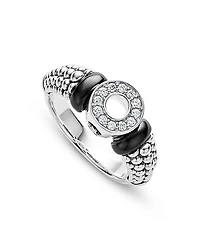 Sterling Silver Black Caviar Ceramic & Diamond Circle Bead Ring