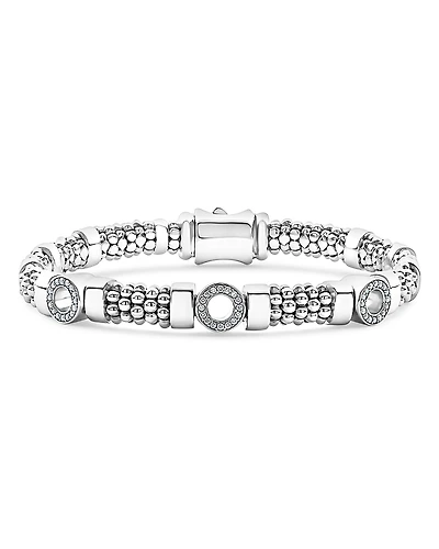 Lagos Sterling Silver Caviar Spark Three Station Diamond Circle Beaded Bracelet