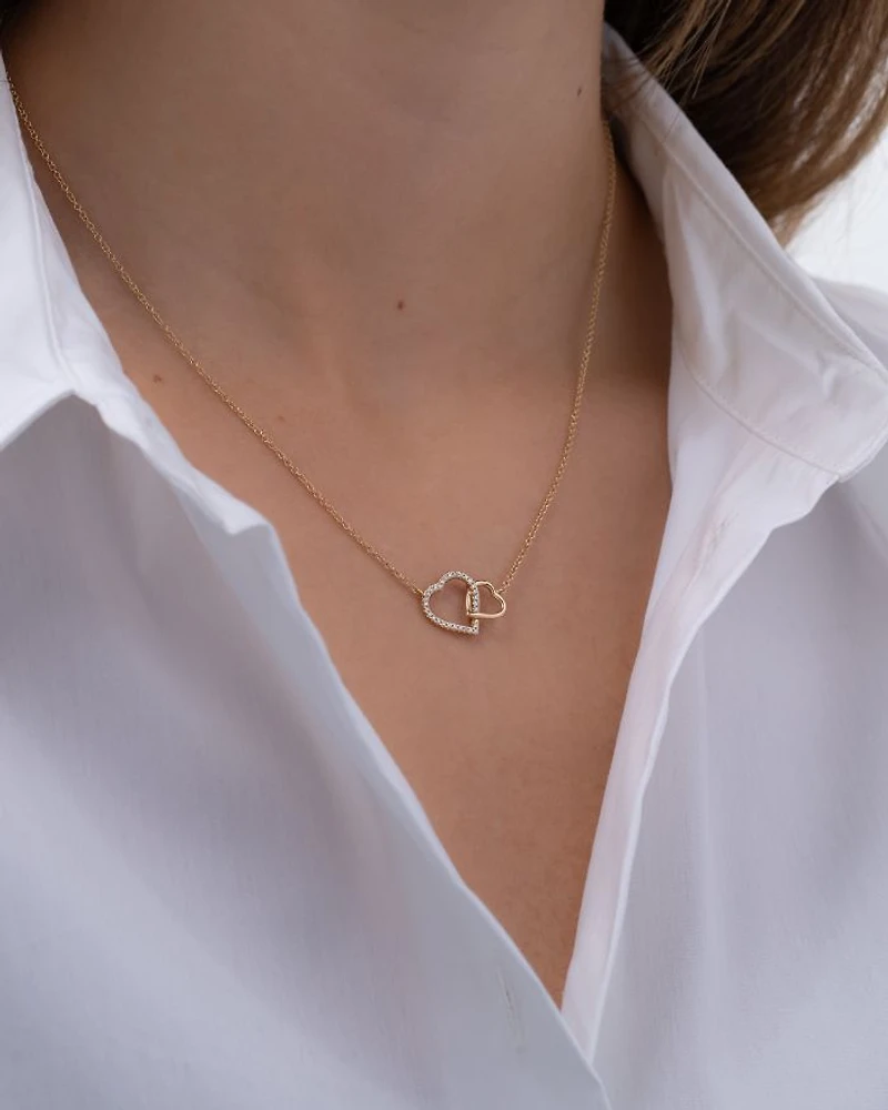 14K Yellow Gold Diamond Double Heart Pendant Necklace, 16-18"