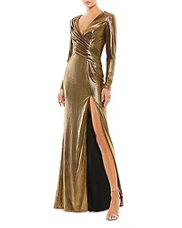 Mac Duggal Metallic Long Sleeve Asymmetrical Ruched Gown