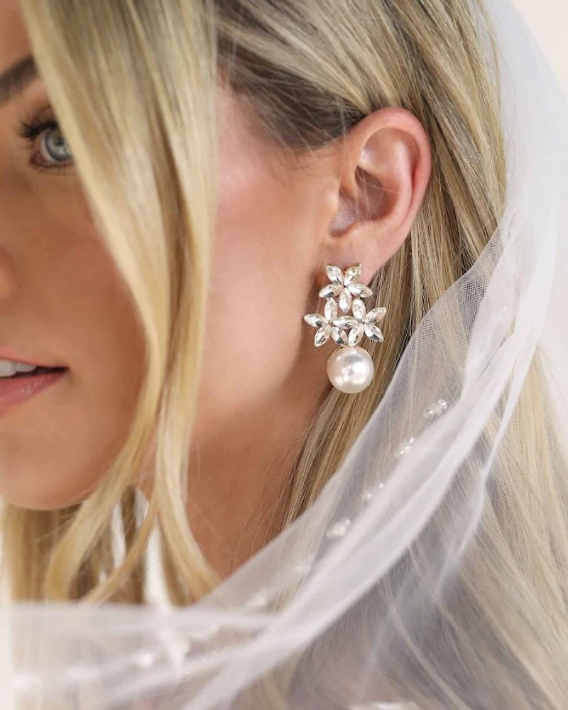 Best Day Floral Faux Pearl Earrings in 18K Gold Plate