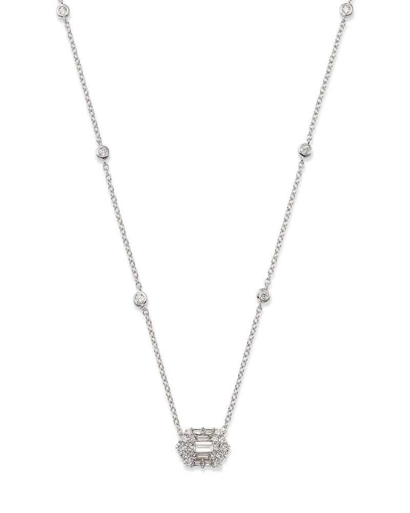 Diamond Baguette & Round Mosaic Pendant Necklace in 14K White Gold, 0.60 tcw