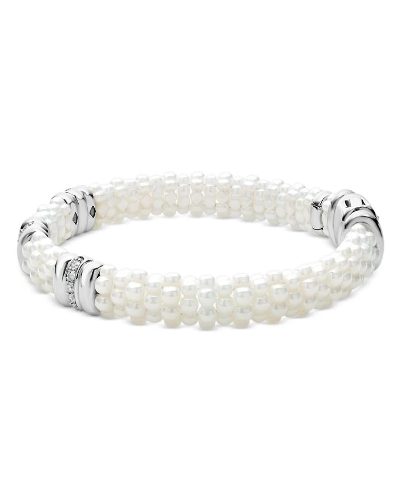 Sterling Silver & Ceramic White Caviar Diamond Three Station Bracelet