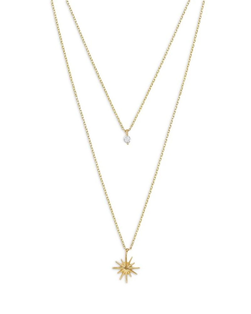 Cubic Zirconia & Starburst Layered Pendant Necklace in 18K Gold Plated, 15"-17"