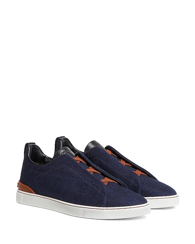 Zegna Blue Cotton Denim Triple Stitch Low Top Sneakers