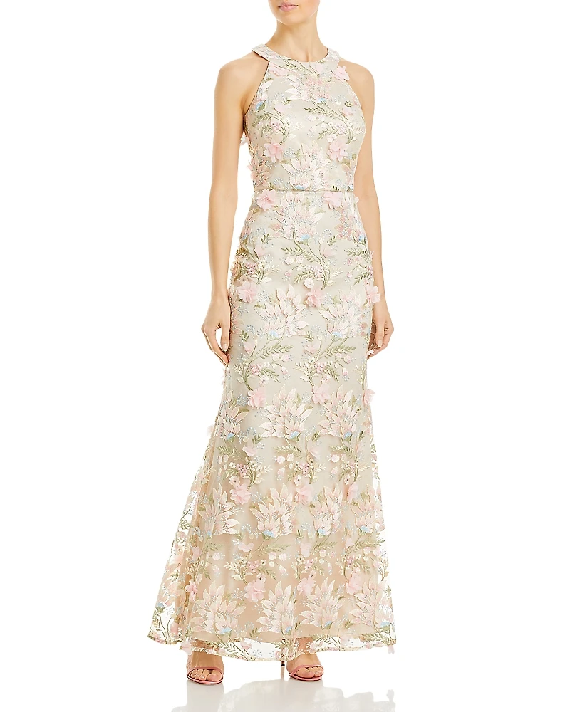 Eliza J Appliqued Embroidered Halter Gown