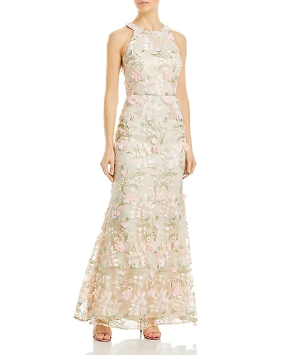Eliza J Appliqued Embroidered Halter Gown