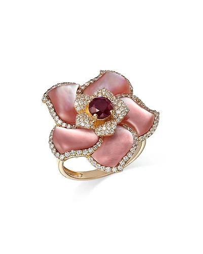 Ruby, Mother of Pearl, & Diamond Flower Ring in 14K Yellow Gold