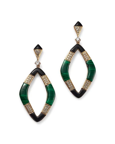 Malachite, Onyx & Diamond Drop Earrings in 14K Yellow Gold