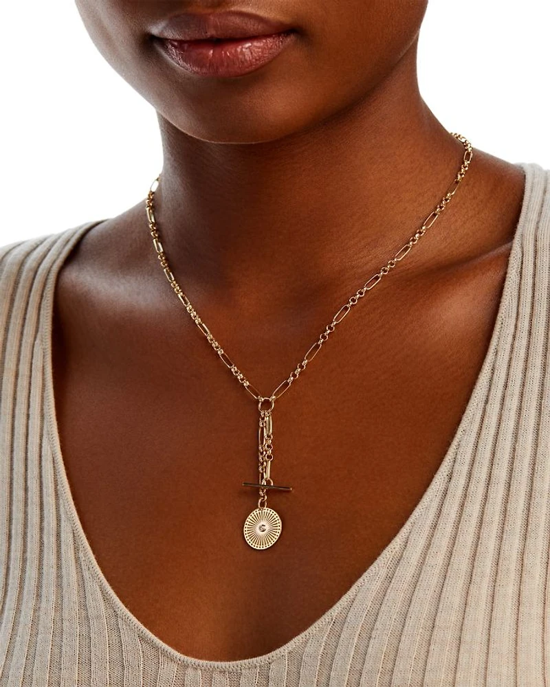 14K Yellow Gold Bezel Diamonds Diamond Sunbeam Medallion Lariat Necklace, 16-18"