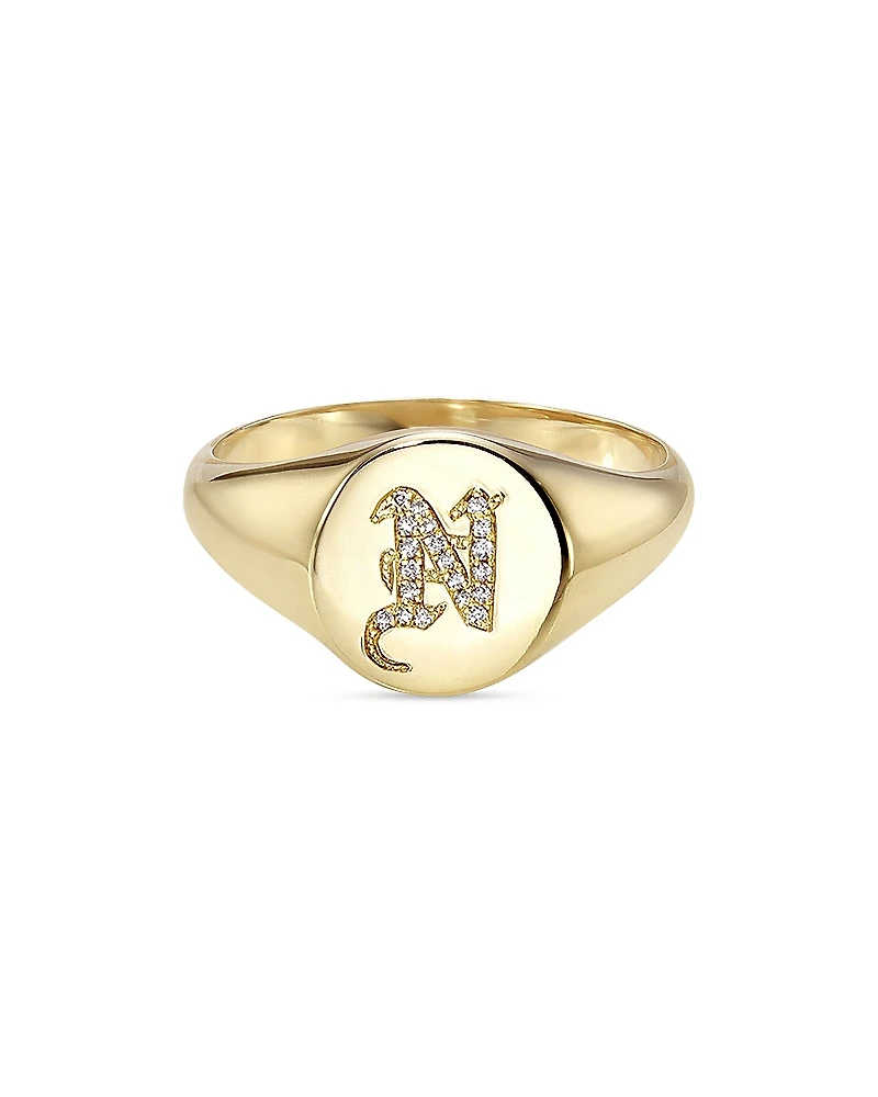 Zoe Lev 14K Yellow Gold Diamond Gothic Initial Small Signet Ring