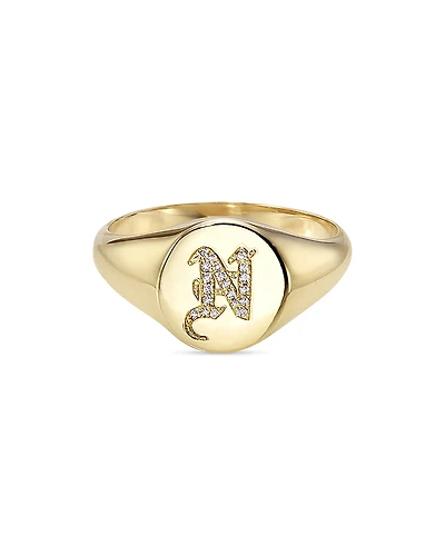 Zoe Lev 14K Yellow Gold Diamond Gothic Initial Small Signet Ring