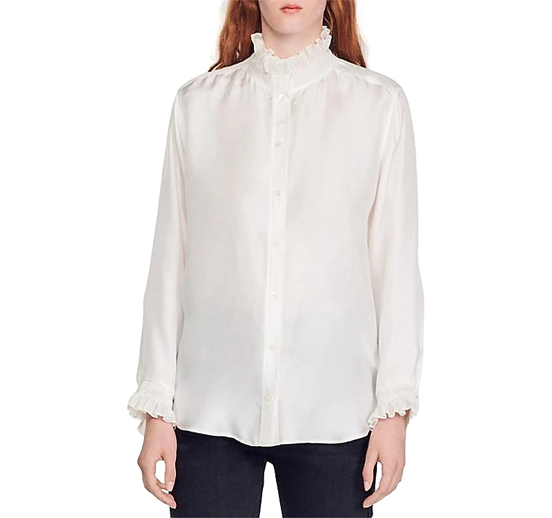 Sandro Haby Ruffled Trim Silk Shirt