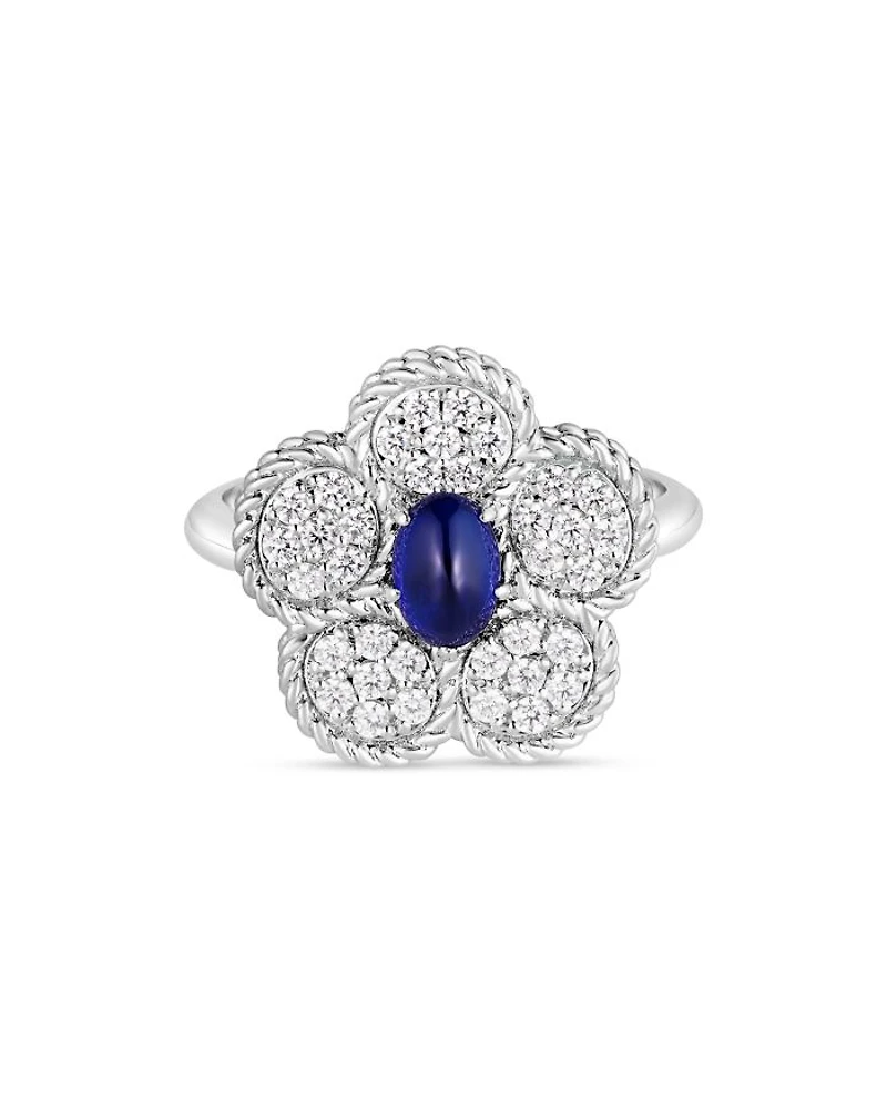18K White Gold Daisy Blue Sapphire & Diamond Flower Ring - Exclusive