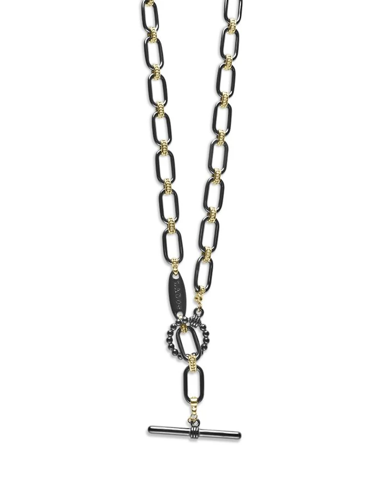 18K Yellow Gold Signature Caviar Black Ceramic Link Necklace, 16-18"