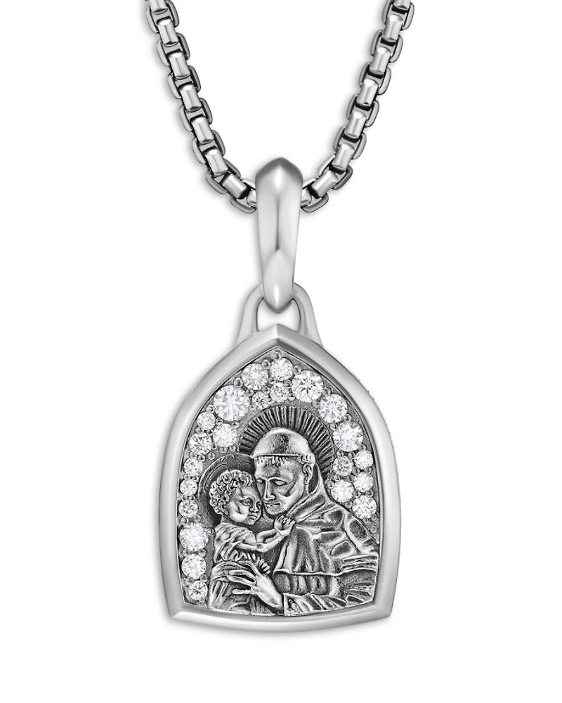 Men's St. Anthony Amulet in Sterling Silver with Diamonds, 21.8mm