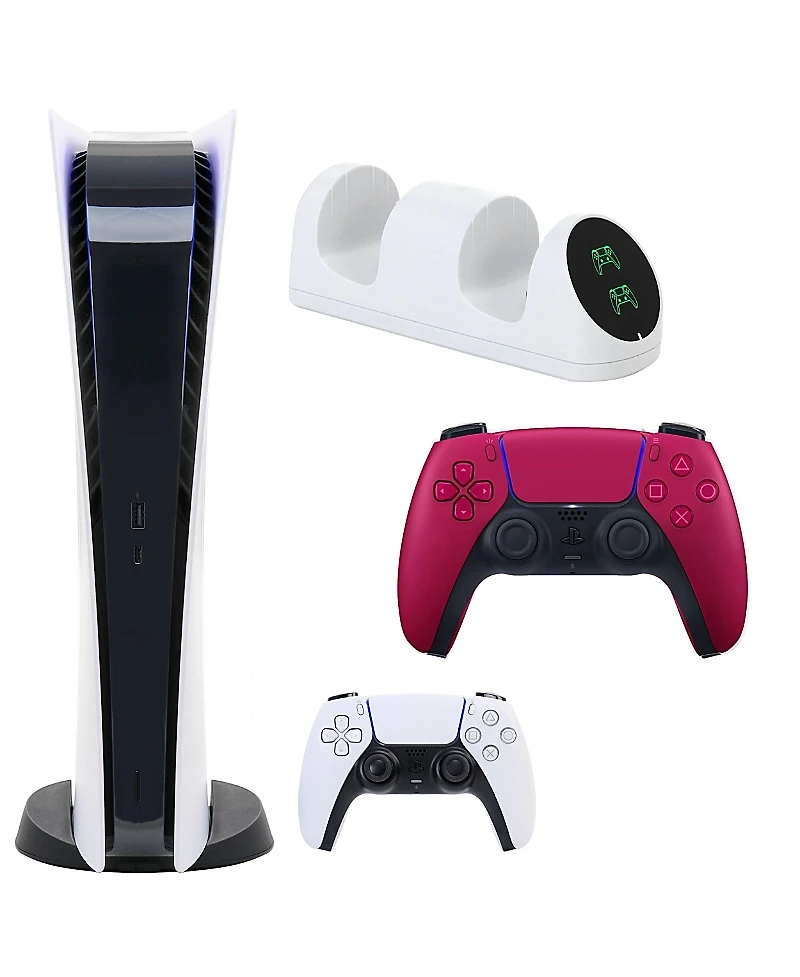 Sony PS5 Digital Console with Extra Red Dualsense Controller and Dual Charging Dock
