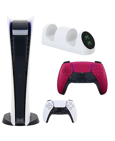 Sony PS5 Digital Console with Extra Red Dualsense Controller and Dual Charging Dock