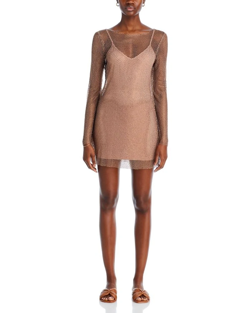 Dancing Queen Crystal Embellished Mesh Mini Dress Swim Cover-Up