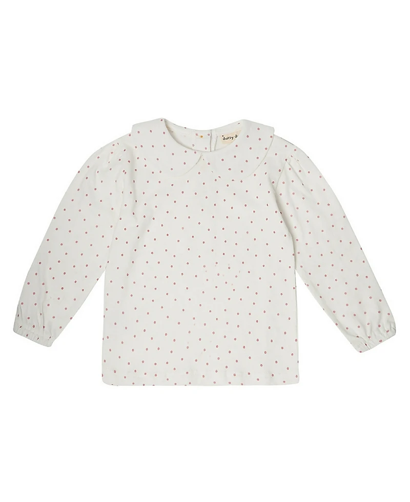 Dotty Dungarees Girls' Peter Pan Collar Top with Pink Spots - Baby, Little Kid, Big Kid