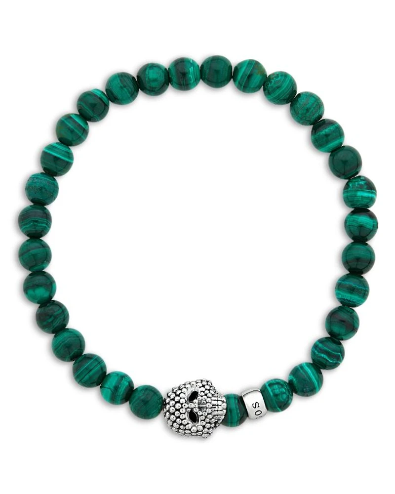 Men's Sterling Silver Anthem Malachite Bead Skull Stretch Bracelet - Exclusive
