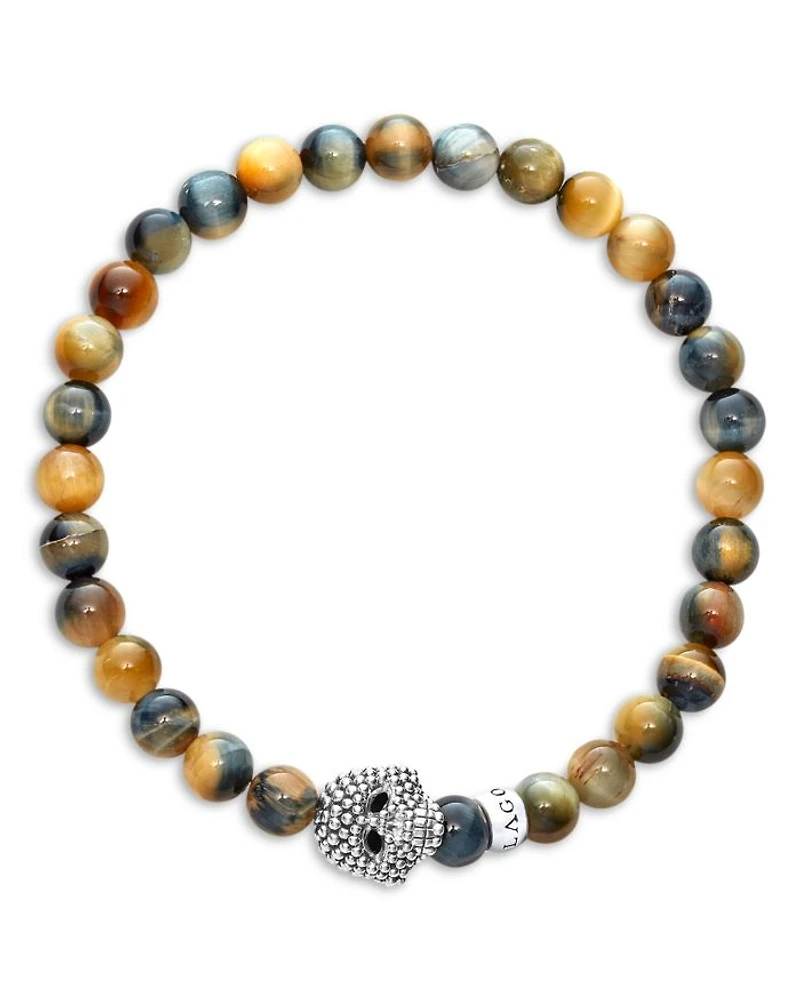 Men's Sterling Silver Anthem Tiger Eye Bead Skull Stretch Bracelet - Exclusive