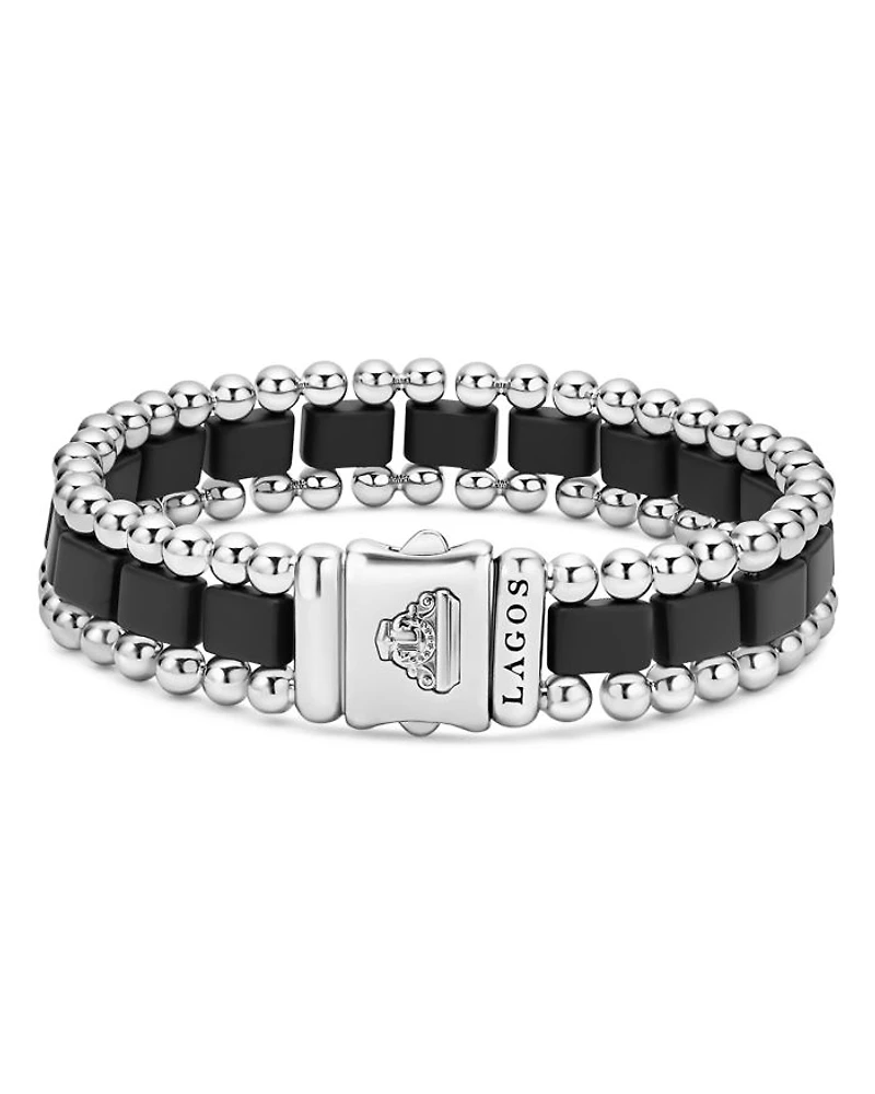 Men's Sterling Silver Anthem Obsidian Bead Skull Stretch Bracelet