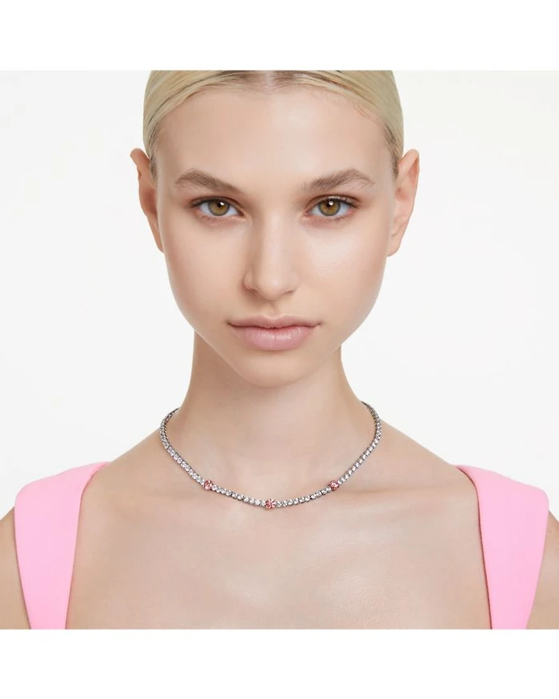 Matrix Clear & Pink Crystal Tennis Necklace in Rhodium Plated, 14.96"-17.72"