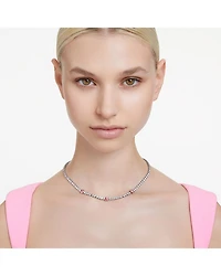 Matrix Clear & Pink Crystal Tennis Necklace in Rhodium Plated, 14.96"-17.72"