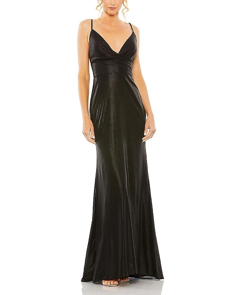Mac Duggal Metallic Faux Wrap Spaghetti Strap Gown